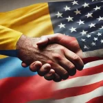 Apretón de manos con las banderas de Colombia y Estados Unidos de fondo, representando el acuerdo sobre la nota interpretativa en el TLC. Imagen creada con IA.