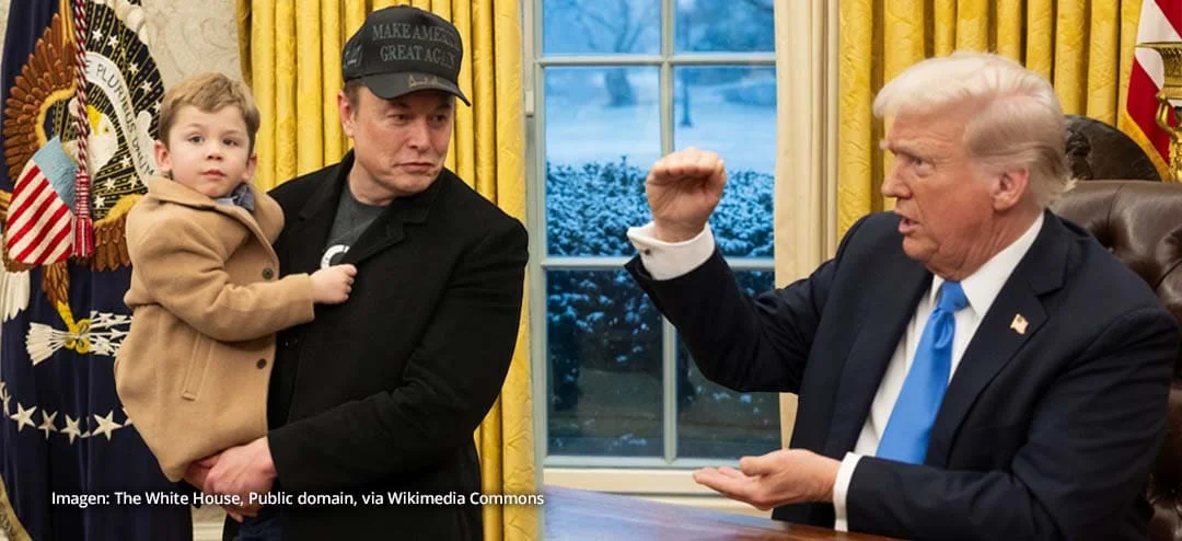 Donald Trump gesticulando en la Casa Blanca mientras Elon Musk sostiene a su hijo X Æ A-Xii, representando la política exterior de Trump en 2025.