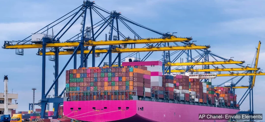 Buque portacontenedores recibe carga en puerto de comercio internacional