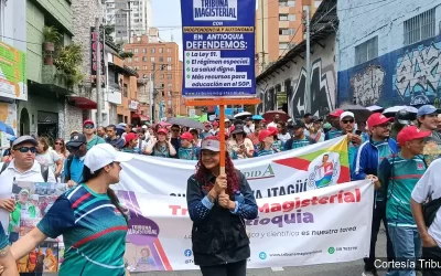 Docentes marchan con pancartas por empleo y derechos laborales
